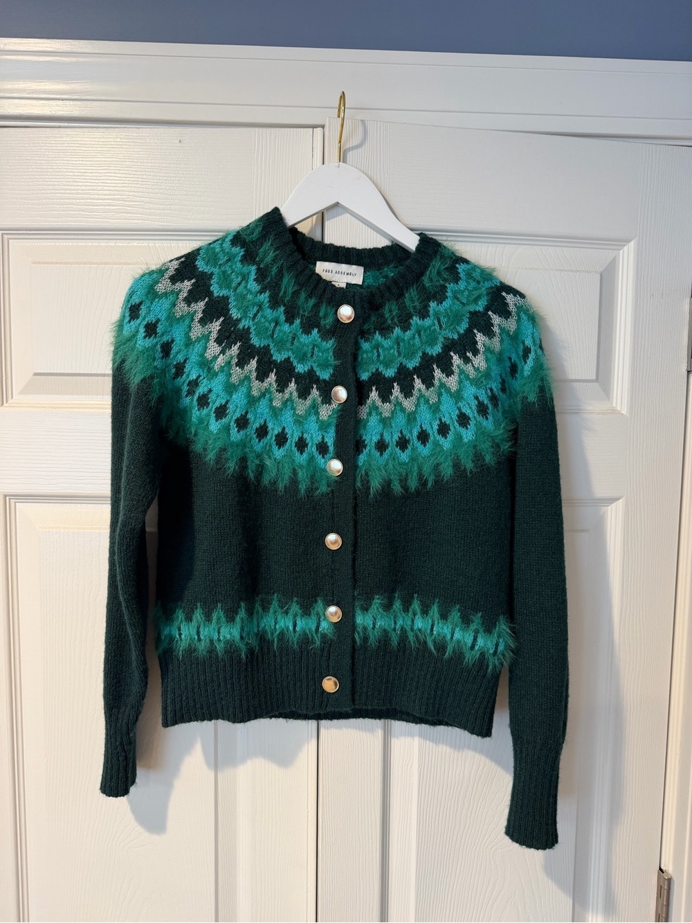 Green Fair Isle Patterned Crewneck Cardigan Sweater